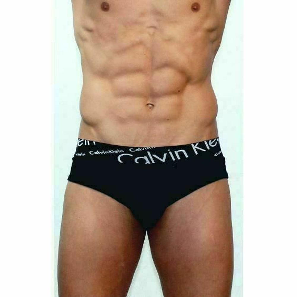 Мужские трусы брифы черные с черной косой резинкой Calvin Klein Black Waistband Italics