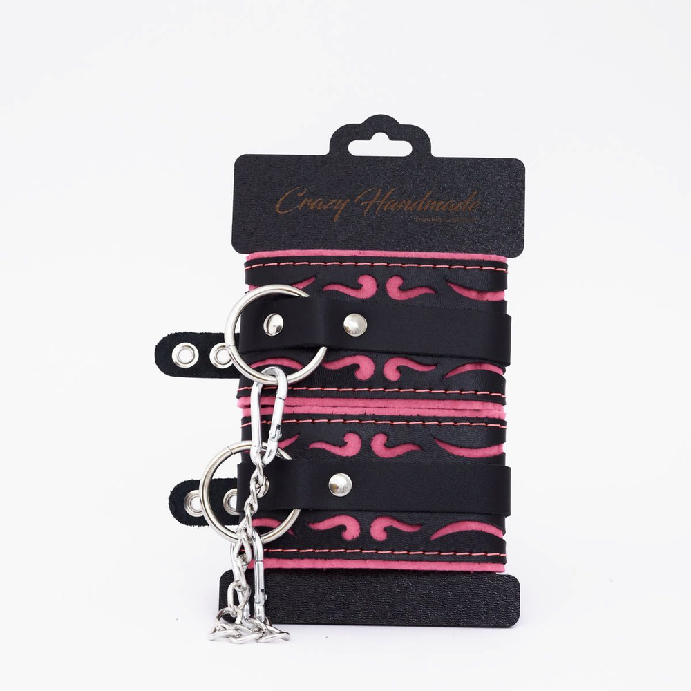 Оковы кожаные Crazy Handmade черно-розовые с цепочкой