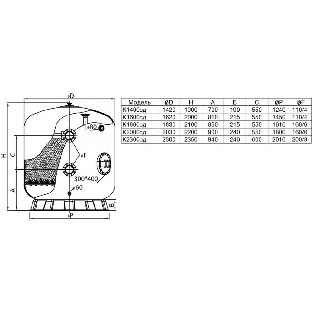 Фильтр K2000сд, шпул. навивки, d.2.0м, 157м³/ч, фланец 6", сопловый, люк+окно, без обвязки