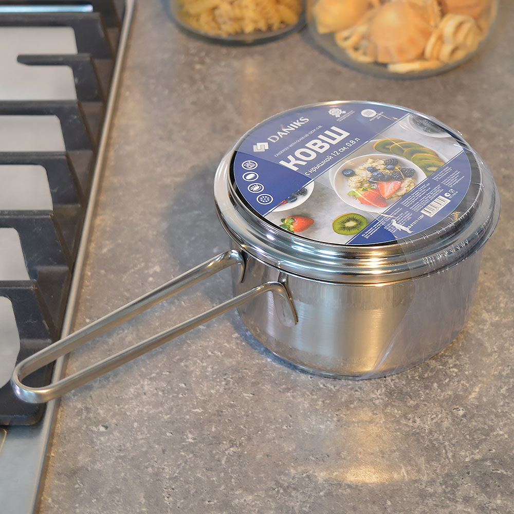 Ковш 0,8л нерж со стеклянной крышкой, с металлической ручкой, индукция, "Daniks" GS-01311-12SP/SD-51