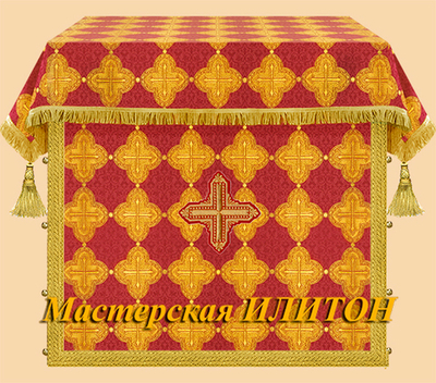 Облачение на престол или жертвенник красное с золотом из парчи с кистями. Любой размер или 100 х 100 х 100 см