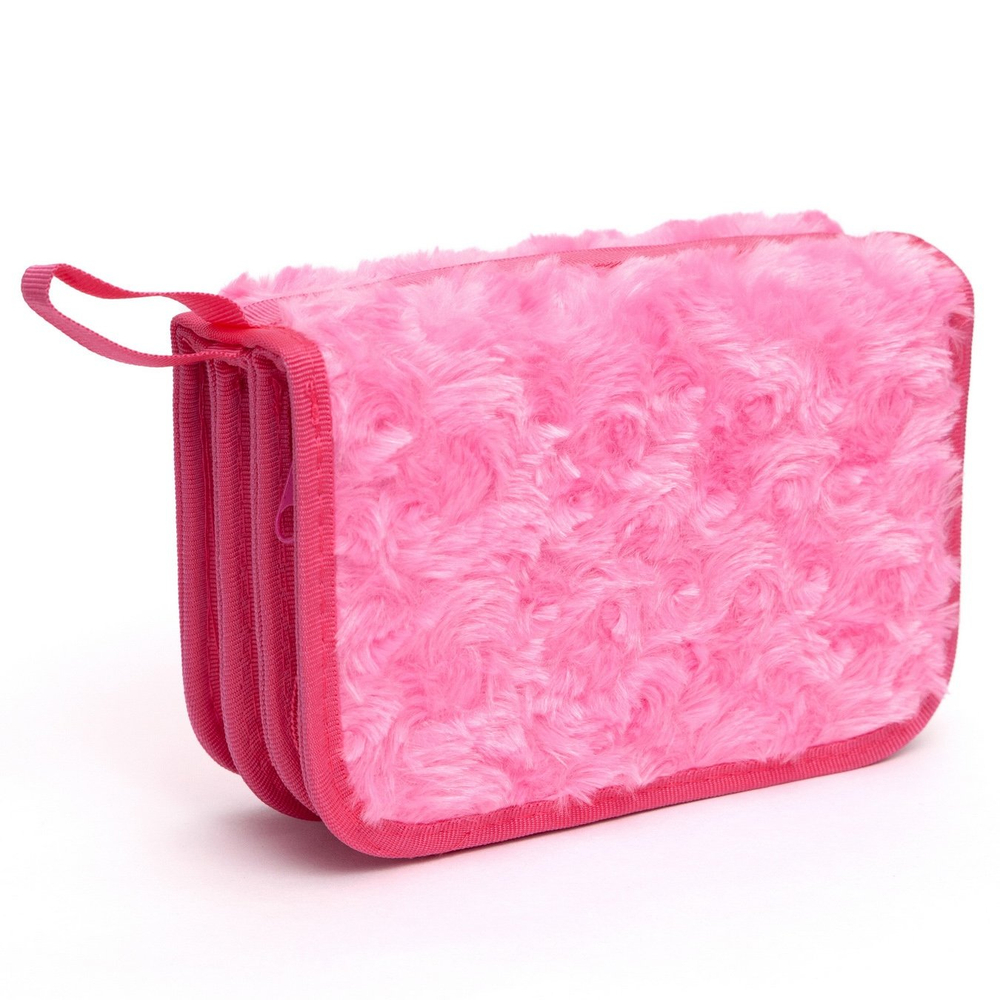 Пенал 3 отделения Alingar, искусственный мех, молния, 120 х 190 мм, "Fur roses", микс (розовый, голубой, фиолетовый, св-розовый)