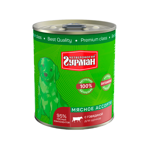 Мясное ассорти ИЗ ГОВЯДИНЫ для щенков 340 г влажный корм Четвероногий Гурман
