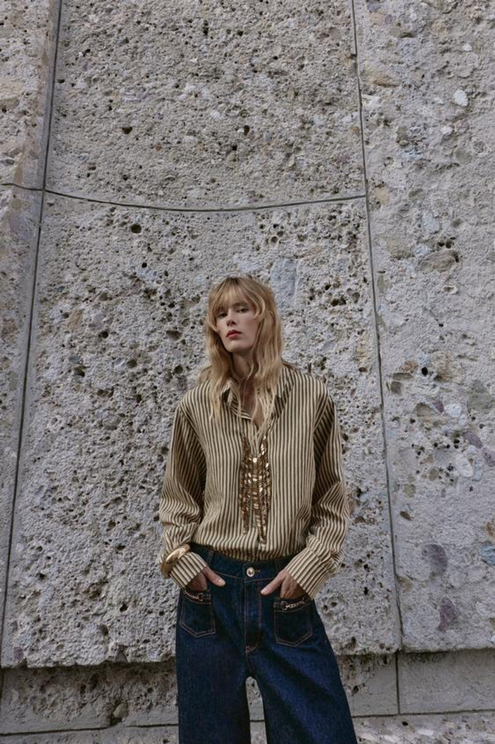 ZARA ДЖИНСЫ Z1975 WIDE-LEG СРЕДНЕЙ ПОСАДКИ С ЦЕПОЧКАМИ, СИНИЙ