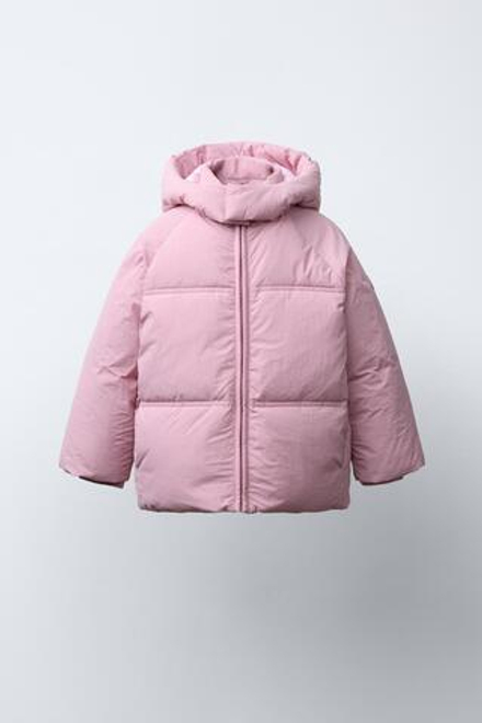 ZARA СТЕГАНАЯ КУРТКА С КАПЮШОНОМ WATER REPELLENT, РОЗОВЫЙ