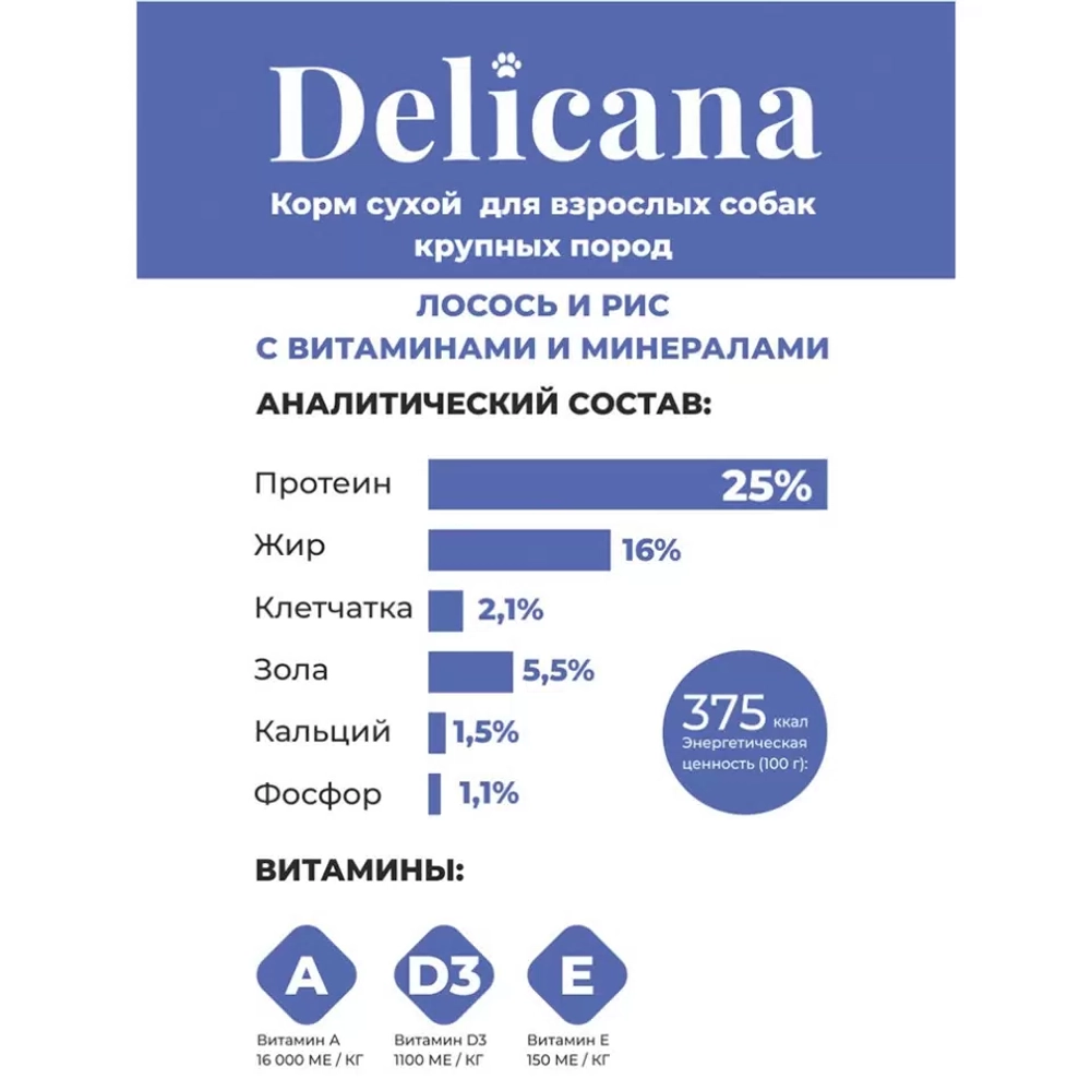 Delicana сухой полнорационный корм для взрослых собак круп пород, лосось и рис, 18кг