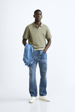 ZARA ПОЛО ИЗ РЕЛЬЕФНОЙ ТКАНИ, СВЕТЛЫЙ ХАКИ