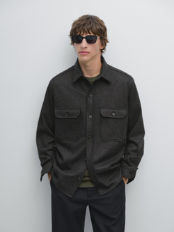 Massimo Dutti Куртка-рубашка из 100% шерсти с карманами, серый
