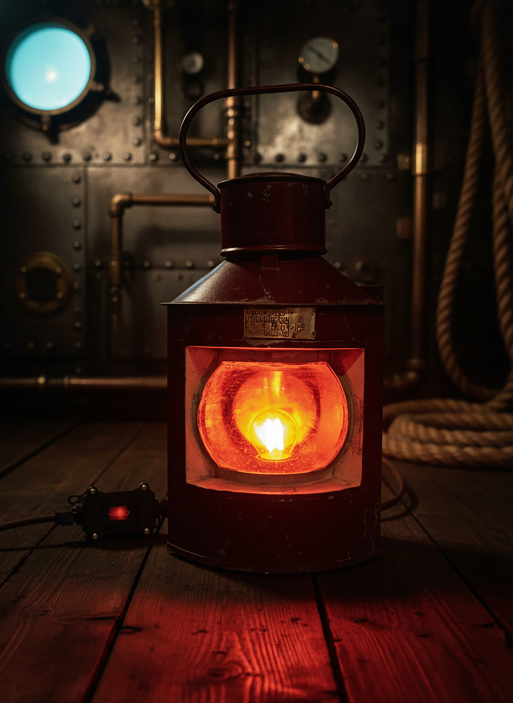 Старинный морской фонарь WOODandROOT 1957 года с тёплым красным свечением на фоне тёмного корабельного отсека с латунью и металлическими панелями.