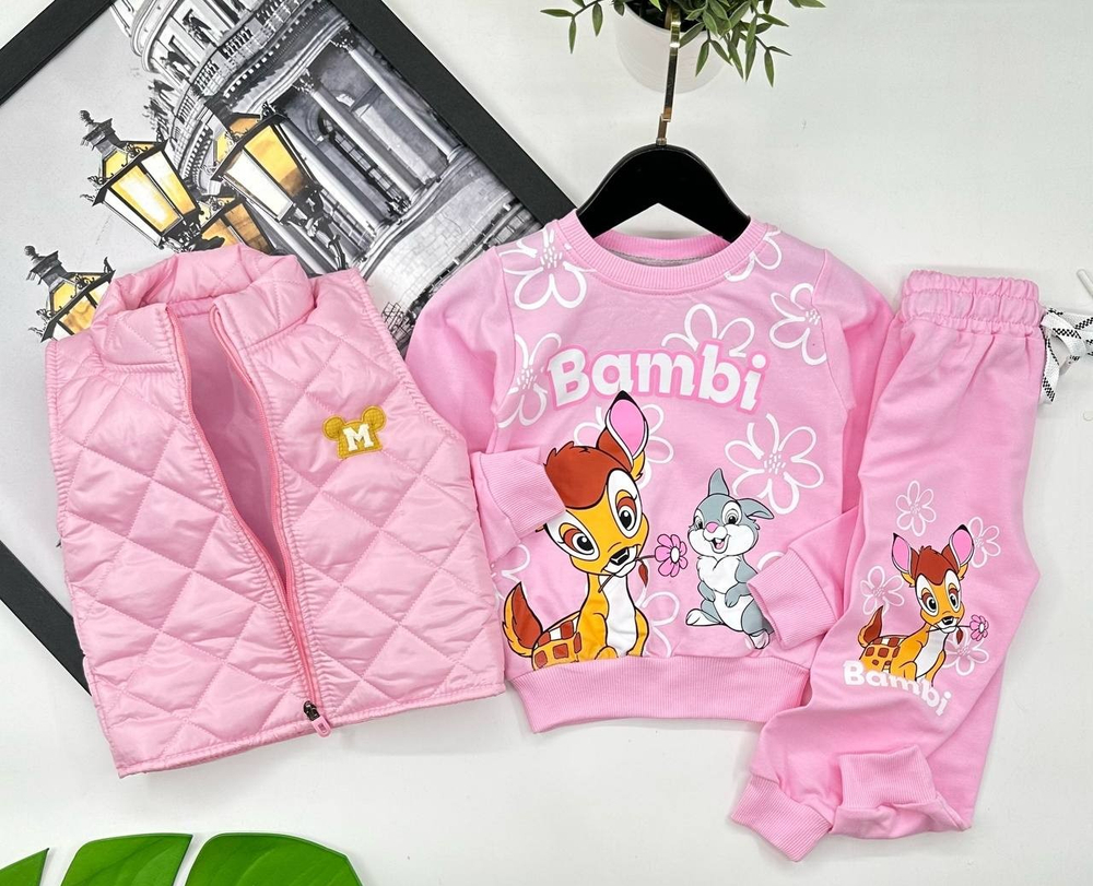 Костюм на девочку из 3-х предметов (жилетка на синтепоне,кофточки и штанишек на завязках) из 100% хлопка на рост 92,98,104 см