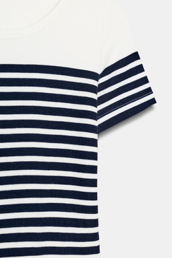 ZARA ФУТБОЛКА В ПОЛОСКУ С КОРОТКИМ РУКАВОМ, ЭКРЮ/СИНИЙ