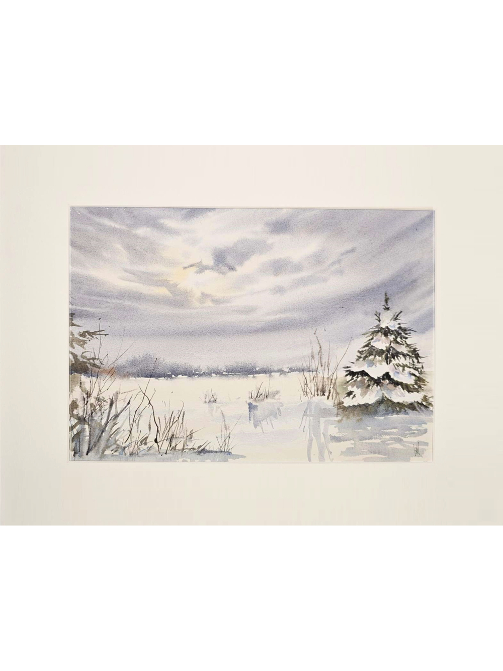 Картина авторская акварельная в паспарту 30х40 см на стену для интерьера "Поздний рассвет. Зима"