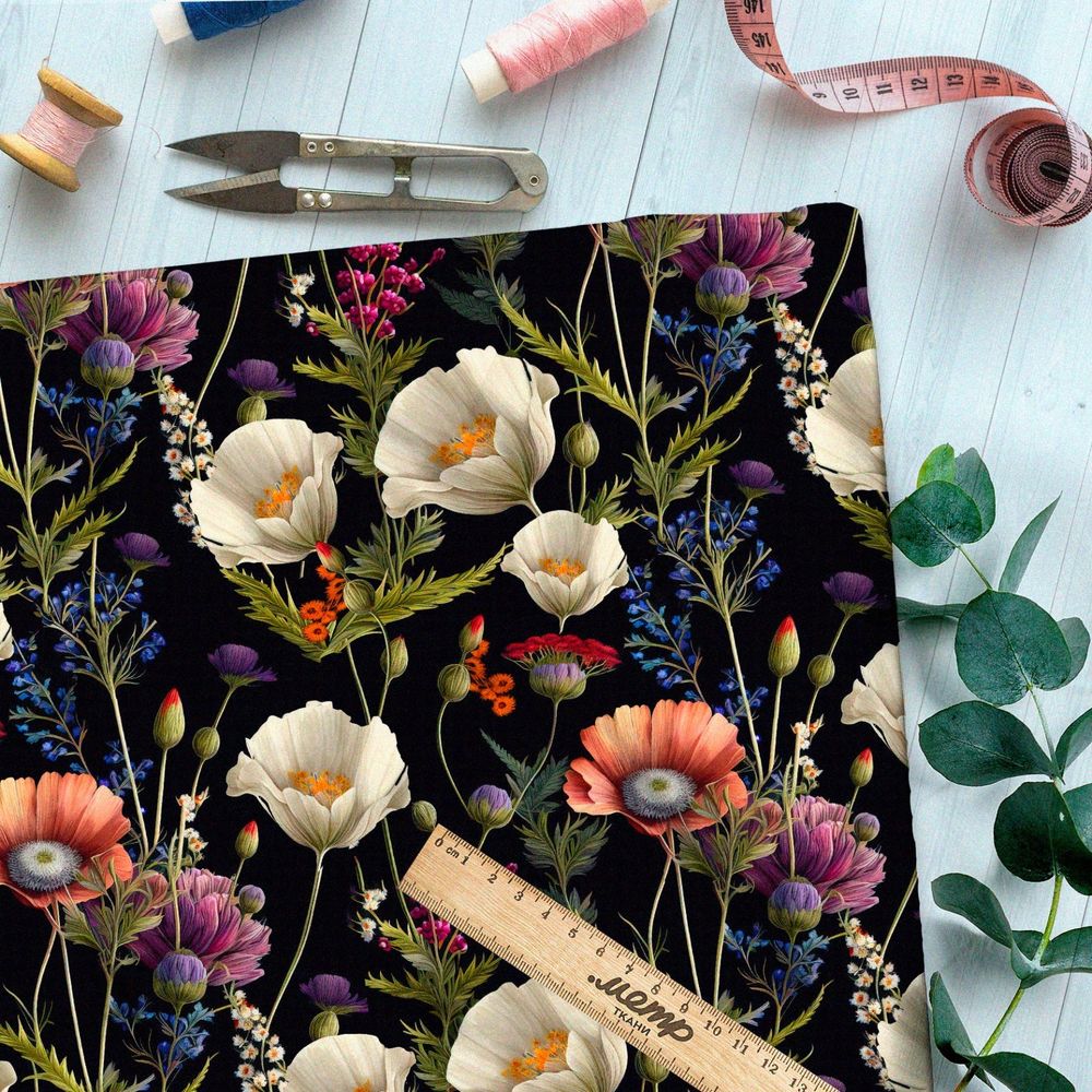 Ткань блэкаут  полевые белые цветы ночью