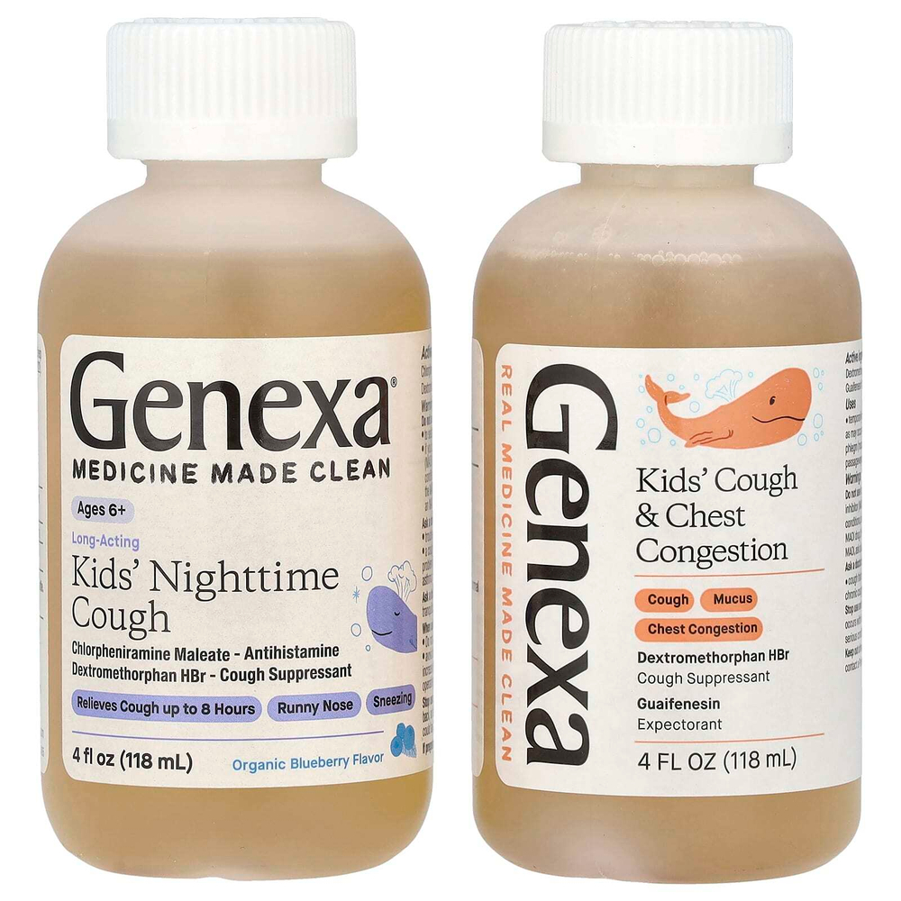 Genexa, Дети от кашля и заложенности груди для детей от 4 лет, от ночного кашля для детей от 6 лет, органическая голубика, 2 пакетика по 118 мл (4 жидк. унц.)