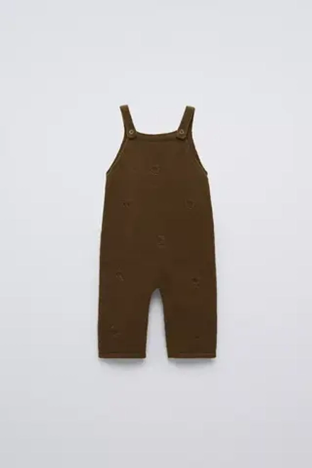 ZARA ТРИКОТАЖНЫЙ КОМБИНЕЗОН С ЦВЕТОЧНОЙ ВЫШИВКОЙ, ТЕМНО-ЗЕЛЕНЫЙ