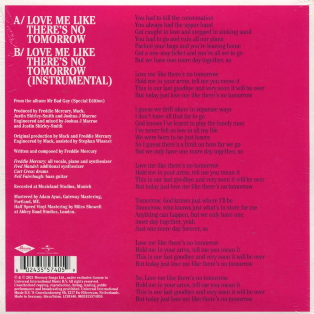 Freddie Mercury / Love Me Like There’s No Tomorrow (Limited Edition)(Coloured Vinyl)(7" Vinyl Single)