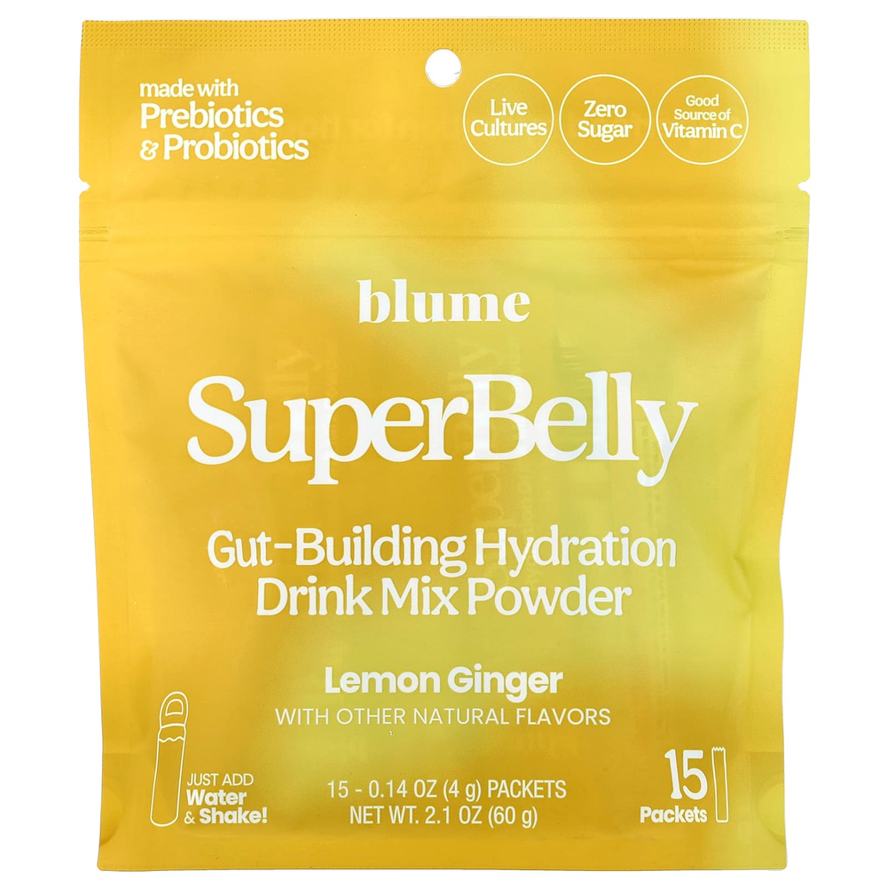 Blume, SuperBely, смесь для приготовления гидратации кишечника в порошке, со вкусом лимона и имбиря, 15 пакетиков по 4 г (0,14 унции)