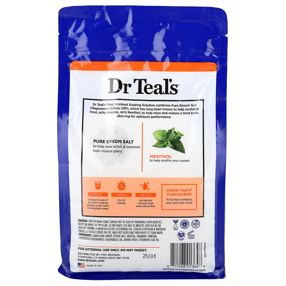 Dr. Teal's, раствор для замачивания с чистой английской солью, до и после тренировки, ментол и эфирные масла, 1,36 кг (3 фунта)