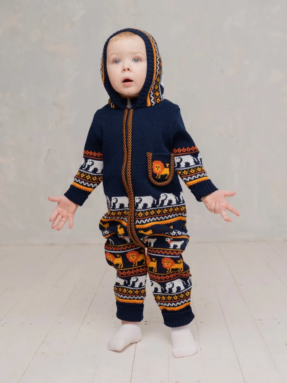 Вязаный комбинезон для новорожденных и малышей на молнии