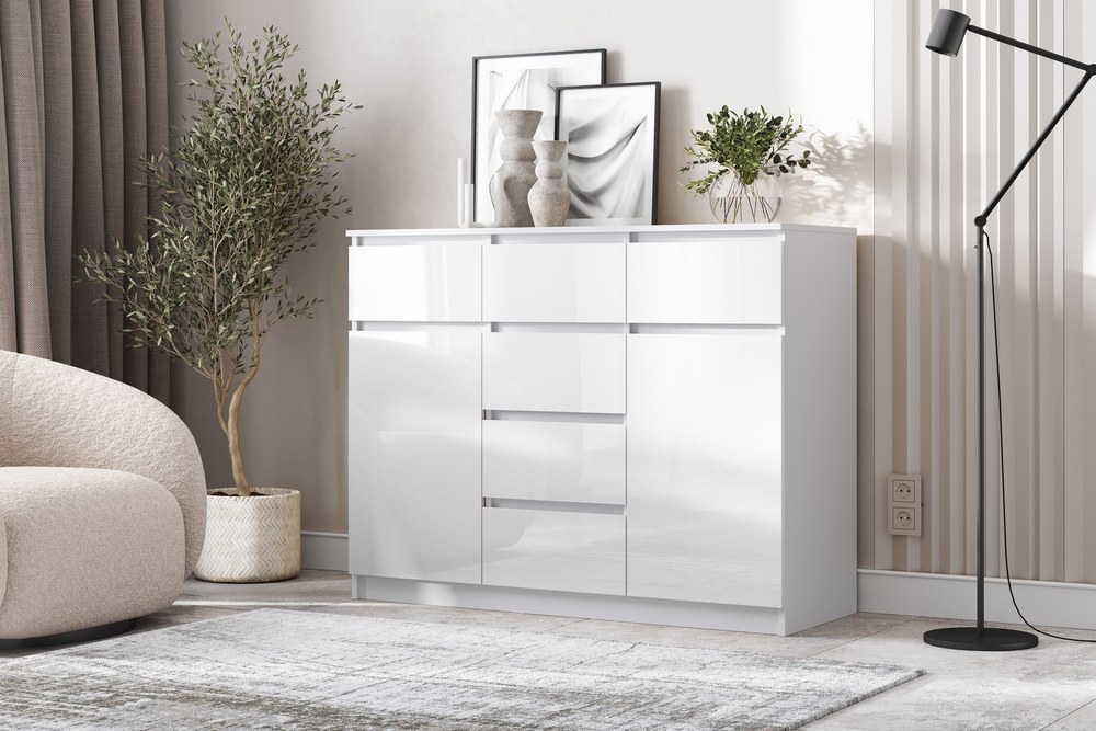 Комод Челси 1200 (2 двери 6 ящиков), Белый глянец холодный, Белый