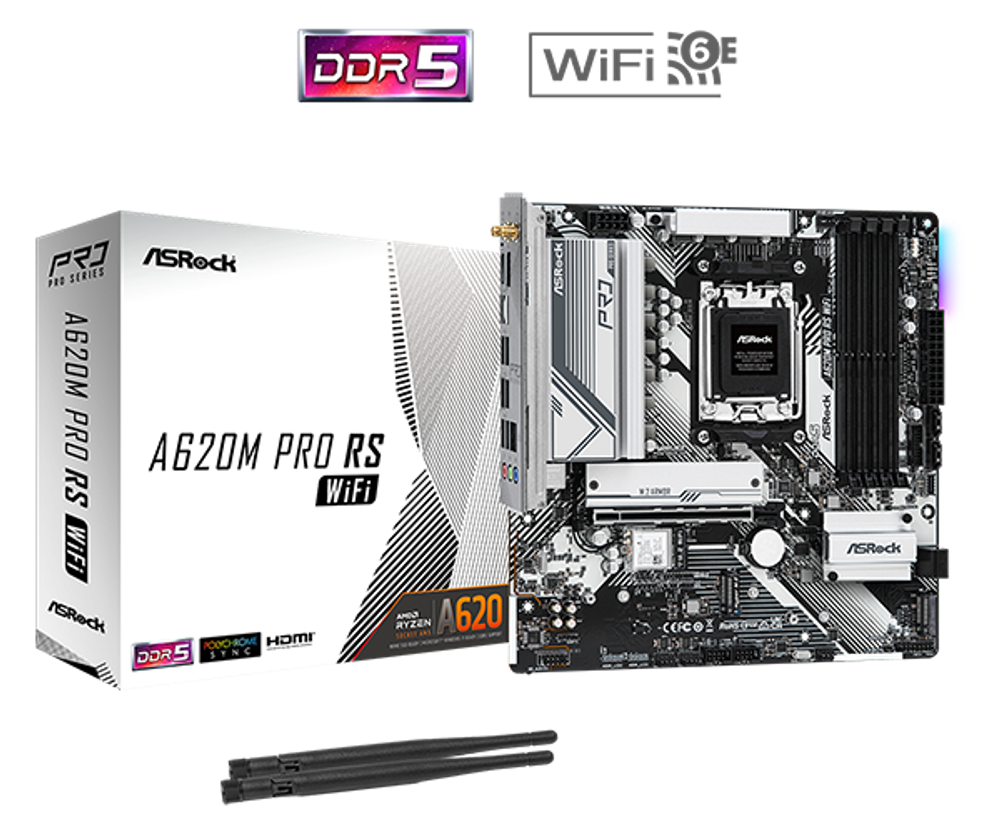 Материнская плата ASRock A620M PRO RS WIFI AM5 2xDDR5 4xSATA3 RAID 2xM.2 HDMI DP mATX