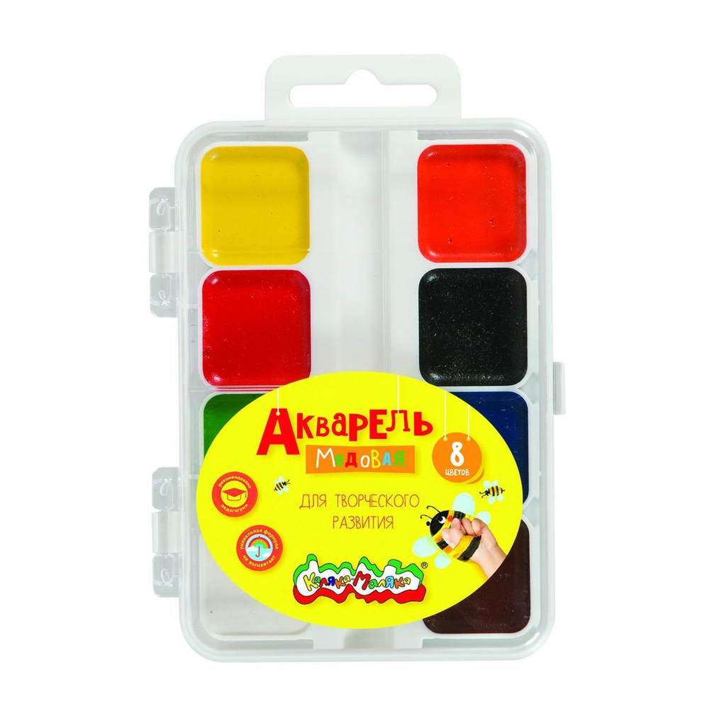 Акварель 8 цветов, квадратный кювет, без кисти, пластик (Каляка-Маляка)
