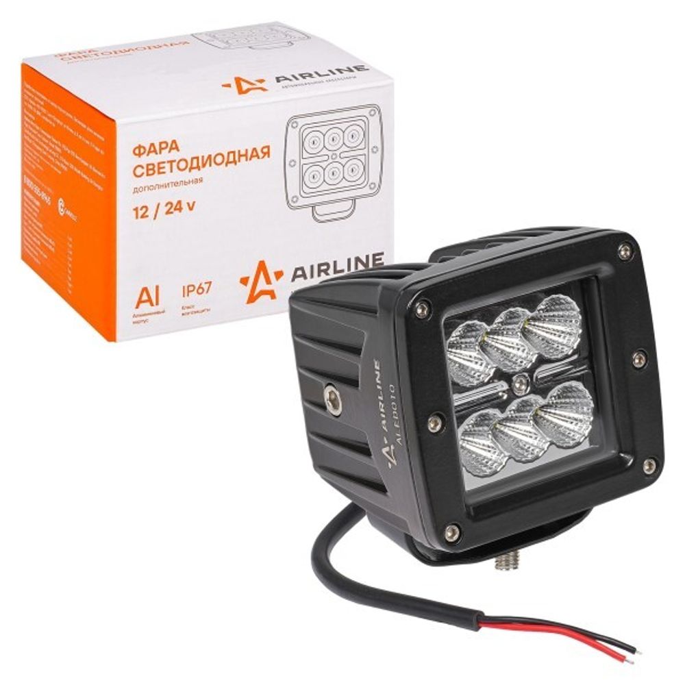 Фара светодиодная дополнительная 6 LED 18W 12-24V (квадрат) 82*75*75 рассеянный свет (AIRLINE)