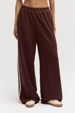 Широкие джоггеры без начеса с лампасом шоколадного цвета