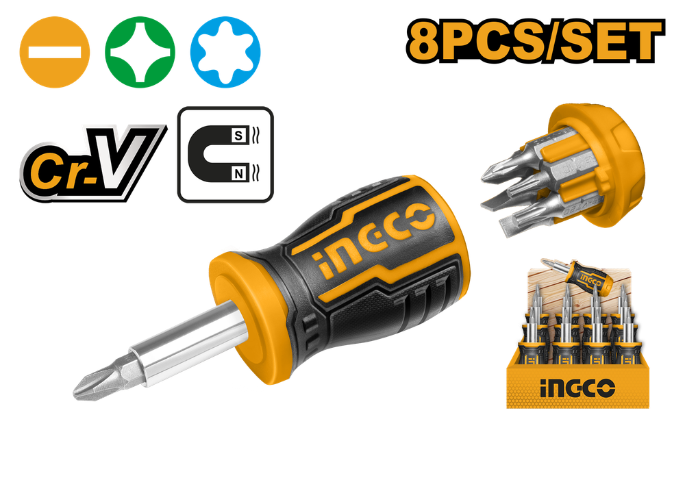 Отверткa короткая с битами 8 в 1