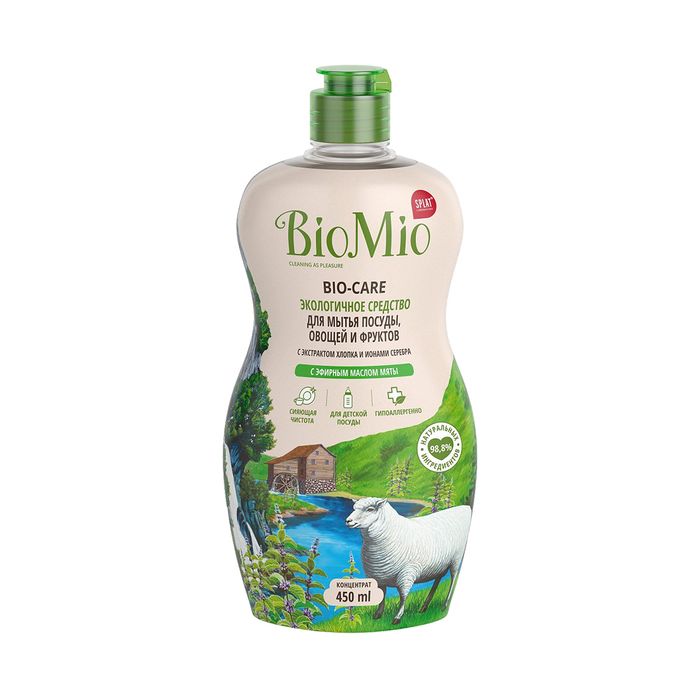 BioMio Care Экологическое концентрированное средство для посуды и фруктов «Мята с экстрактом хлопка»  450 мл.