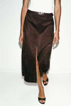 ZARA ЮБКА ИЗ ИСКУССТВЕННОЙ ЗАМШИ С РЕМНЕМ, ШОКОЛАДНО-КОРИЧНЕВЫЙ