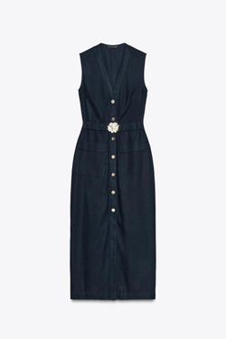 ZARA ПЛАТЬЕ-МИДИ С ПОЯСОМ, МОРСКОЙ СИНИЙ