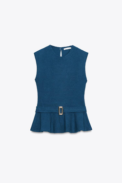 ZARA ТОП ИЗ ТКАНИ БУКЛЕ С БАСКОЙ И ПРЯЖКОЙ, ЯРКО-СИНИЙ