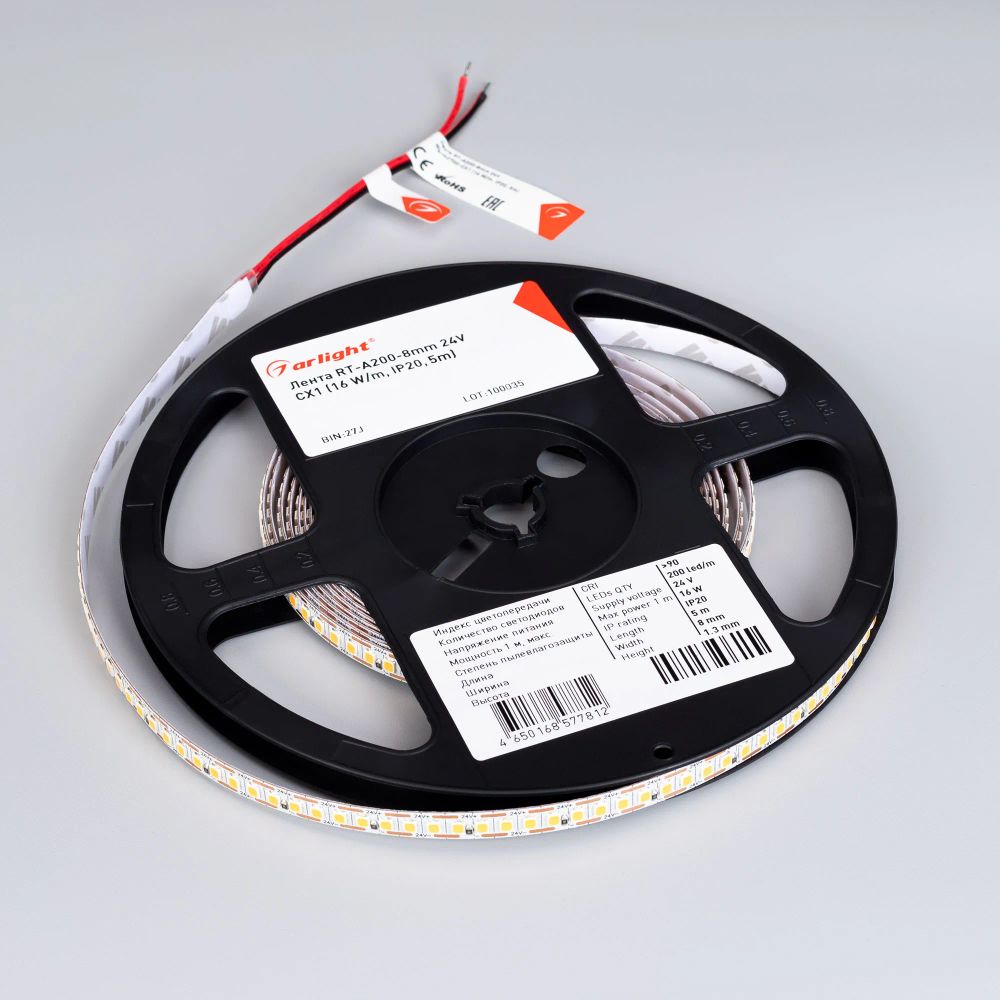 Светодиодная лента RT-A200-8mm 24V White6000-CX1 (16 W/m, IP20, 5m) (Arlight, резка 1 светодиод) 046938