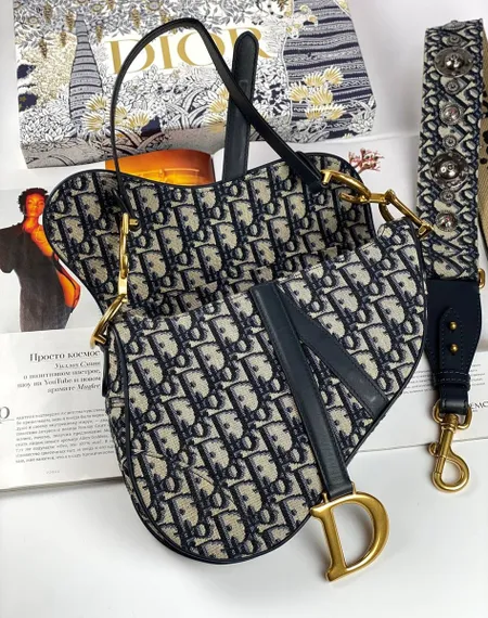 Сумка Dior Oblique жаккард синего цвета