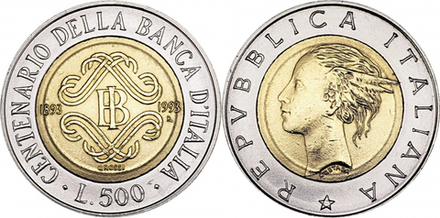 Италия 500 лир, 1993 100 лет Банку Италии