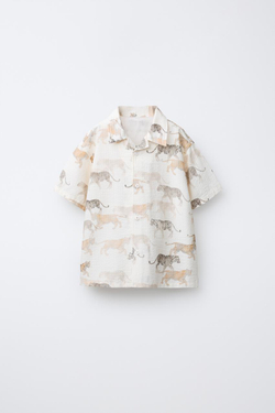 ZARA РУБАШКА С ЖИВОТНЫМ ПРИНТОМ, СВЕТЛО-БЕЖЕВЫЙ