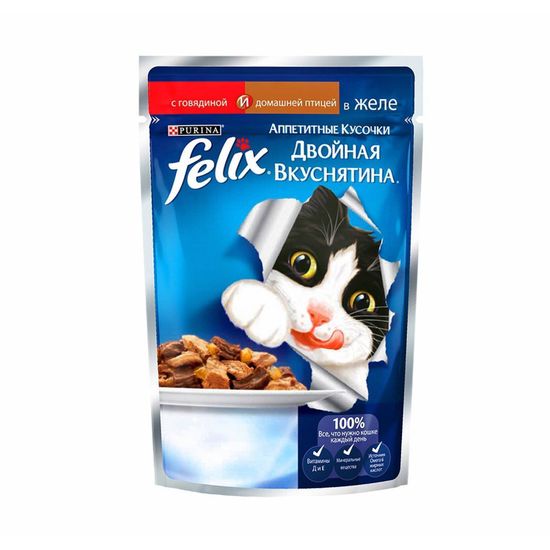 Purina Felix Аппетитные Кусочки Двойная вкуснятина влажный корм в желе с говядиной и птицей 85 гр Purina Felix Аппетитные Кусочки Двойная вкуснятина влажный корм в желе с говядиной и птицей 85 гр