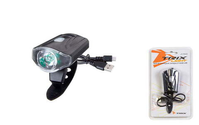Фара TRIX передняя, 1 суперъяркий диод 0,5W, 50 lm, 3 режима, крепеж на руль, индикатор зарядки, акк
