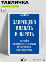 Табличка для бассейна "Запрещено плавать и нырять", на пляж, для общественной и частной зоны отдыха, информационная, 40х30 см, Silver Plane x Айдентика Технолоджи