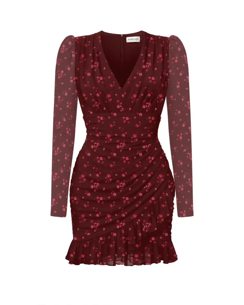 Josephine sleeves, платье мини с длинным рукавом из бордового крепдешина с цветочным принтом
