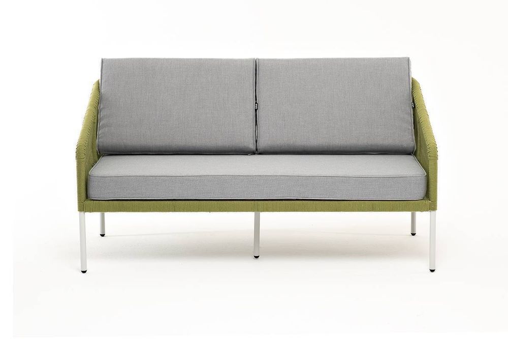 "Канны" диван 2-местный плетеный из роупа, каркас алюминий светло-серый (RAL7035) муар, роуп салатовый меланж круглый, ткань светло-серая