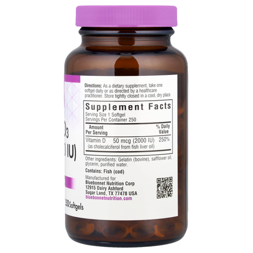 Bluebonnet Nutrition, витамин D3, 50 мкг (2000 МЕ), 250 капсул