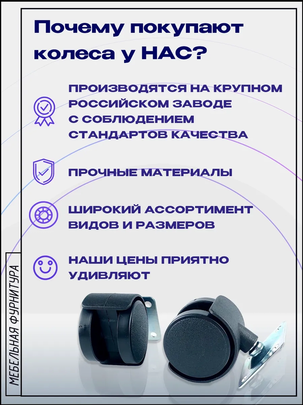 Колесо мебельное поворотное D50мм с площадкой, 4 шт