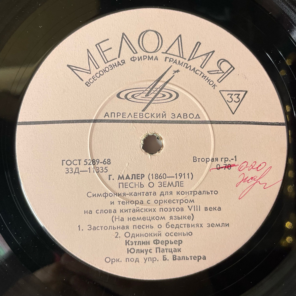 Винтажная виниловая пластинка LP Густав Малер, Кэтлин Ферьер, Юлиус Патцак, Б. Вальтер, Песнь О Земле (СССР 1961) 10 дюймов
