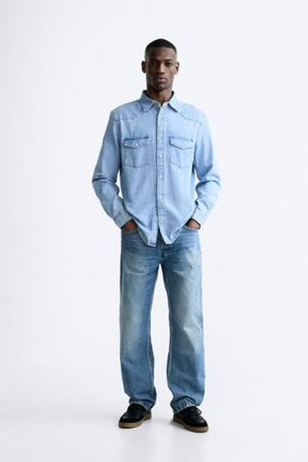 ZARA ДЖИНСЫ STRAIGHT FIT С РАЗРЕЗАМИ, ВЫЦВЕТШИЙ СИНИЙ