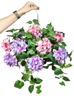 Гортензия розово-лиловая 60см в подвесном белом кашпо на цепочке