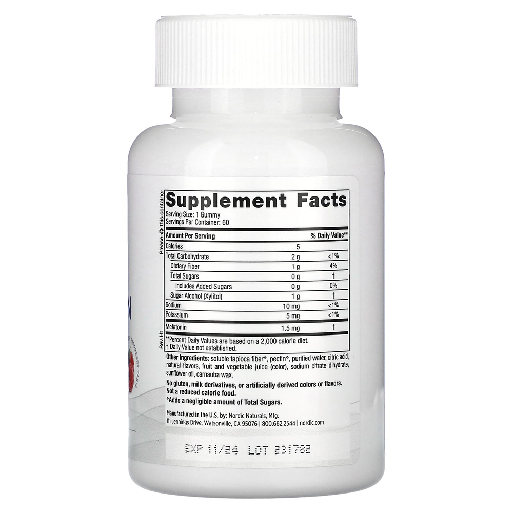 Nordic Naturals, жевательные таблетки с мелатонином, без сахара, со вкусом малины, 1,5 мг, 60 жевательных таблеток