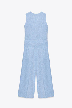 ZARA ЛЬНЯНОЙ КОМБИНЕЗОН-ЖИЛЕТ, ГОЛУБОЙ