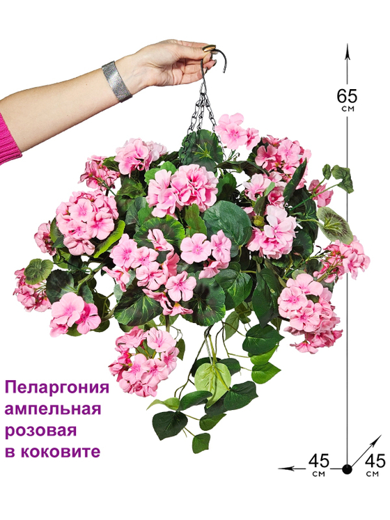 Пеларгония ампельная 4 куста розовая 65см в коковите на цепочках